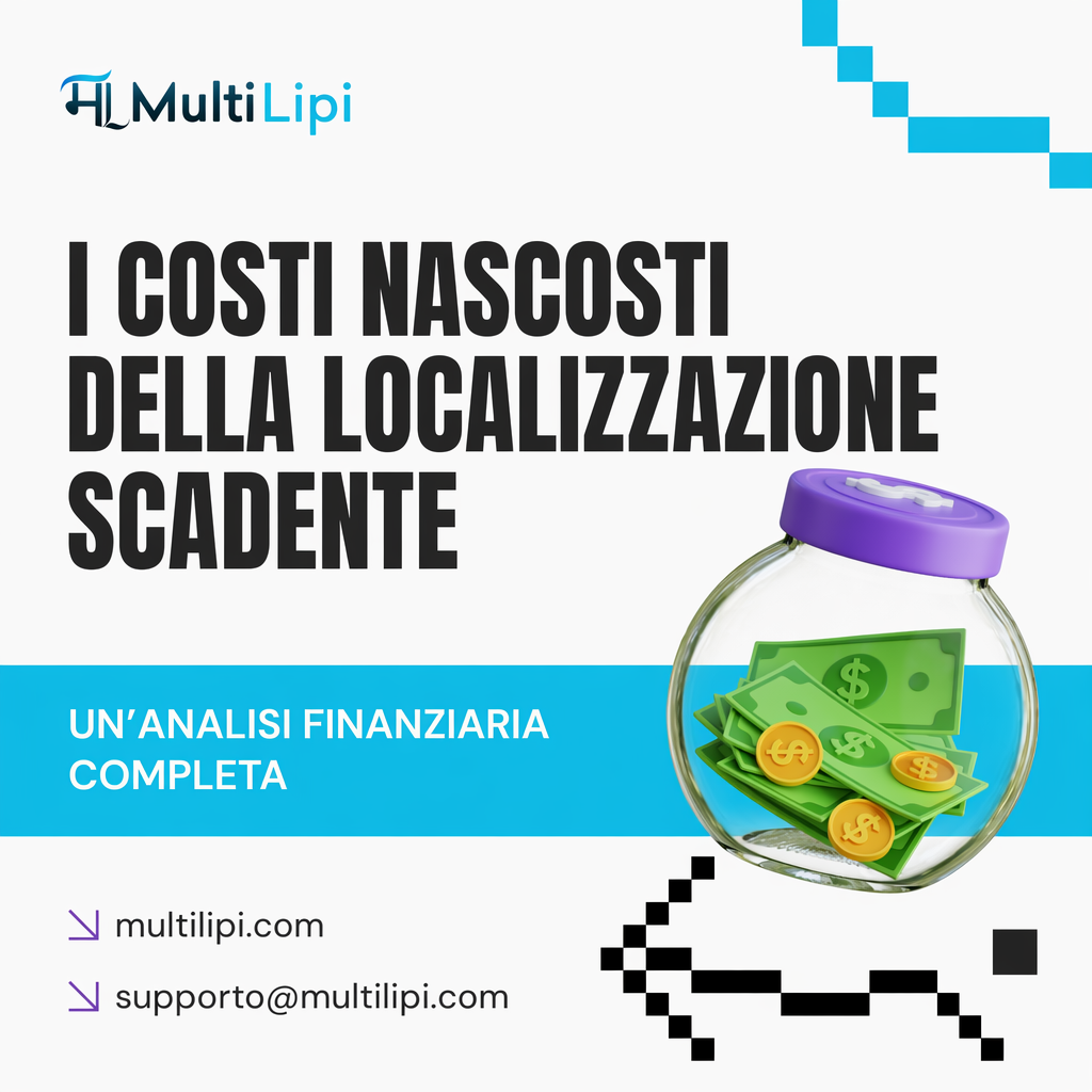 Immagine di copertina di MultiLipi che mostra i costi nascosti della cattiva localizzazione con banconote in un barattolo di vetro – tema SEO AI e multilingue
